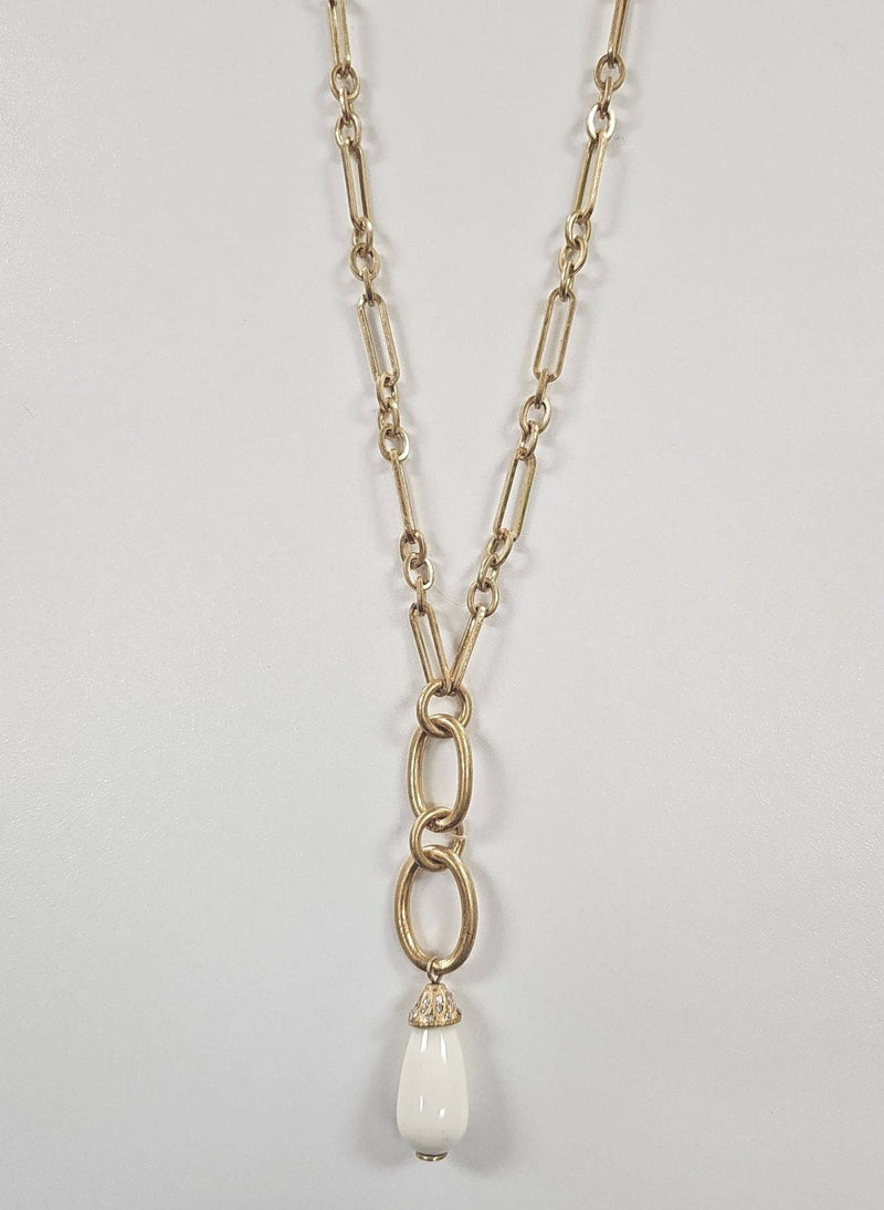 Long Gold Chain Necklace w/white ceramic teardrop pendant