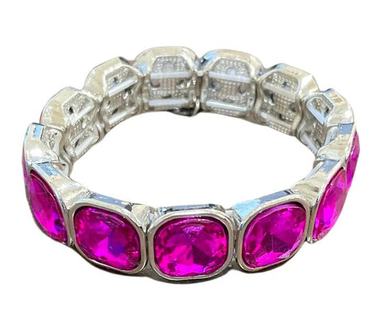 Silver and Fuchsia rhinestone stretch bracelet