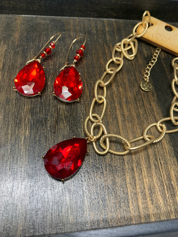 Red Teardrop Gold Wire Earrings