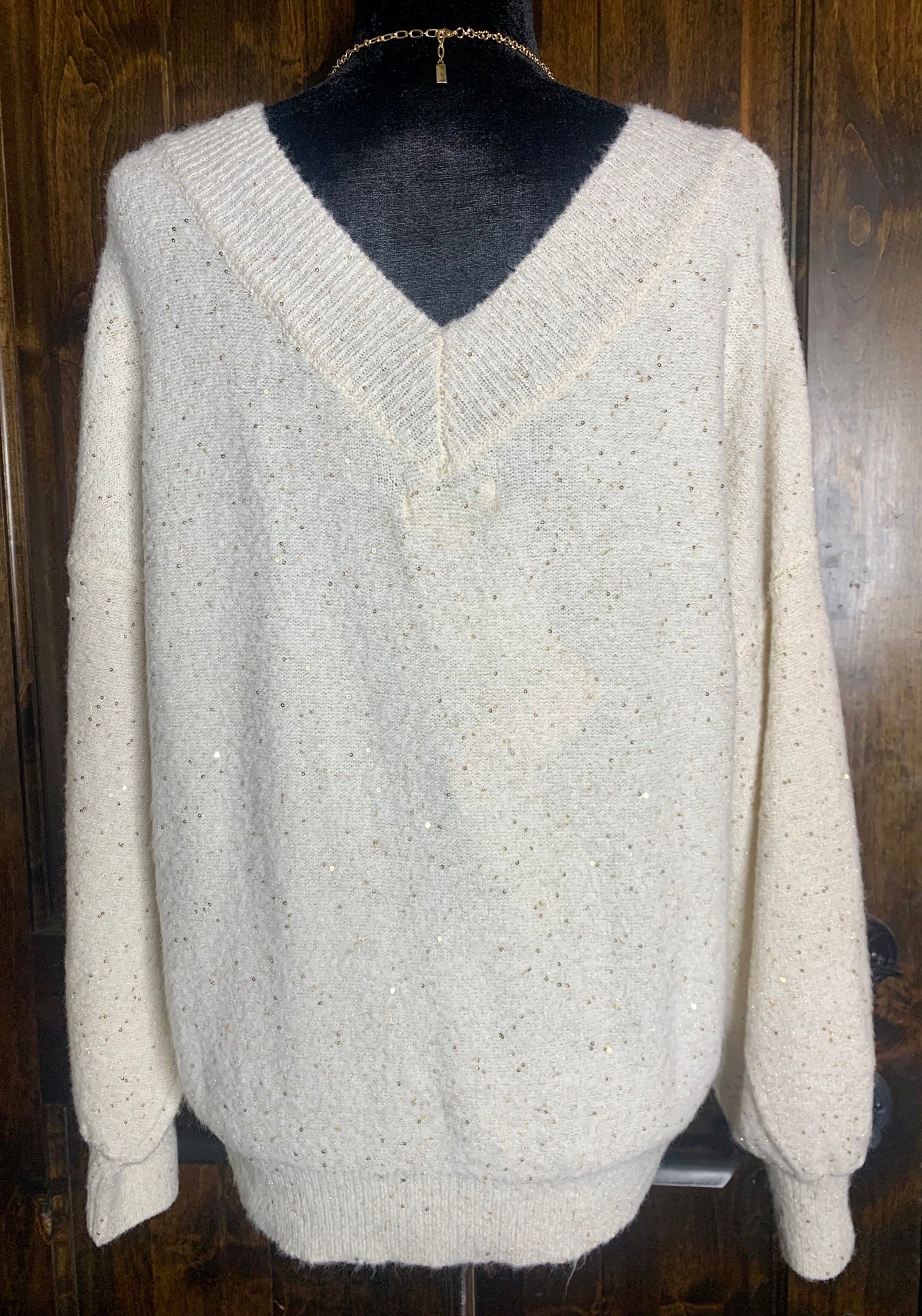 All That Glitters Ivory Sweater | Long Sleeve Double V Neckline Sweater
