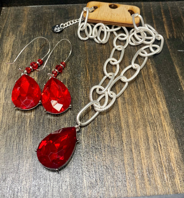 Red Teardrop Silver Wire Earrings