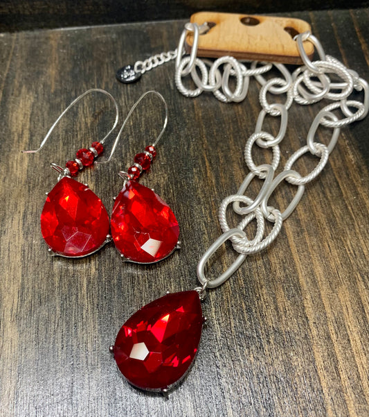 Red Teardrop Silver Wire Earrings