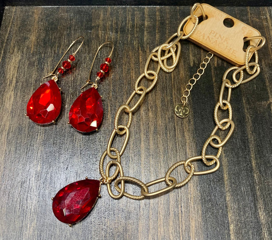 Red Teardrop Gold Wire Earrings