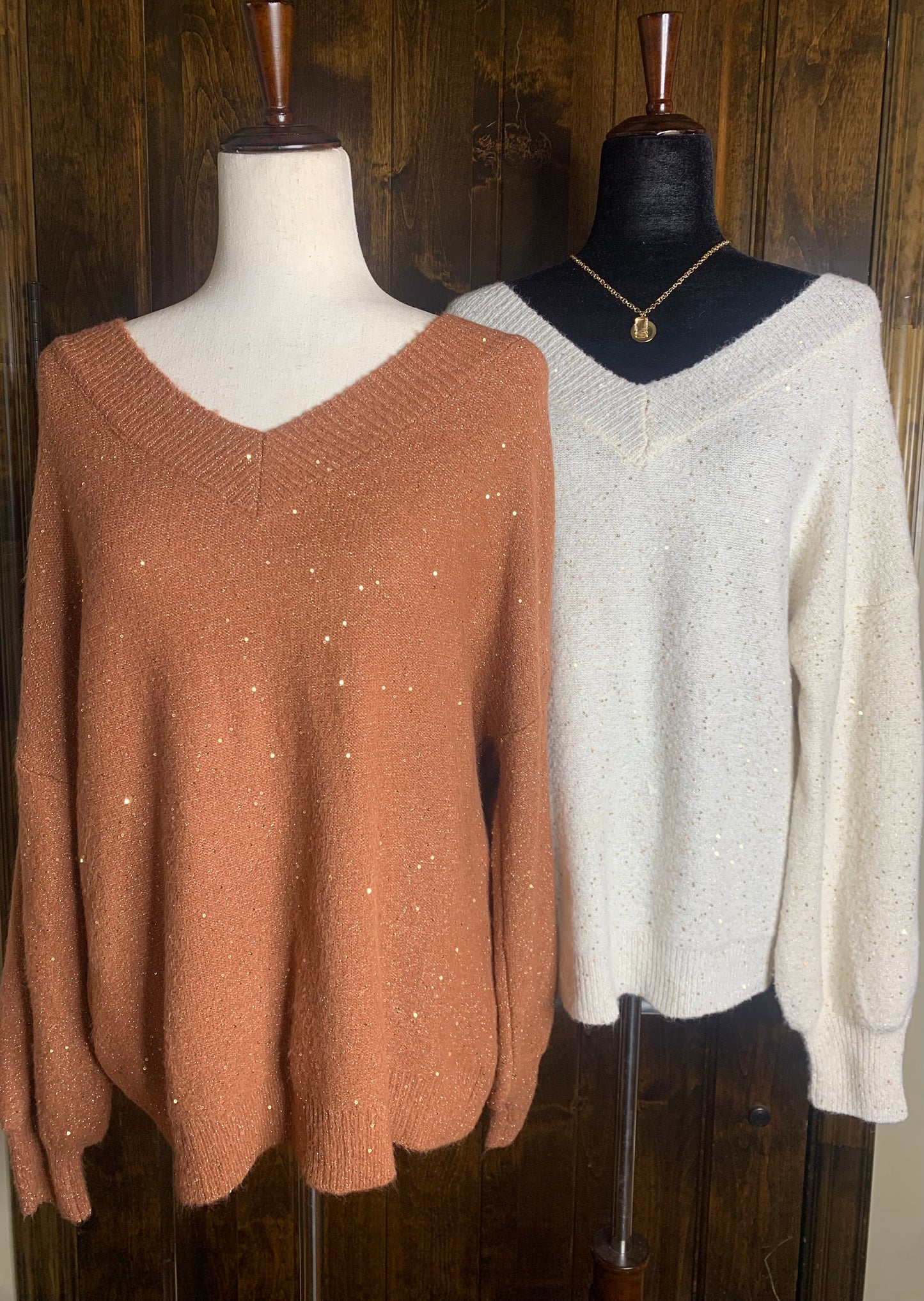 All That Glitters Ivory Sweater | Long Sleeve Double V Neckline Sweater